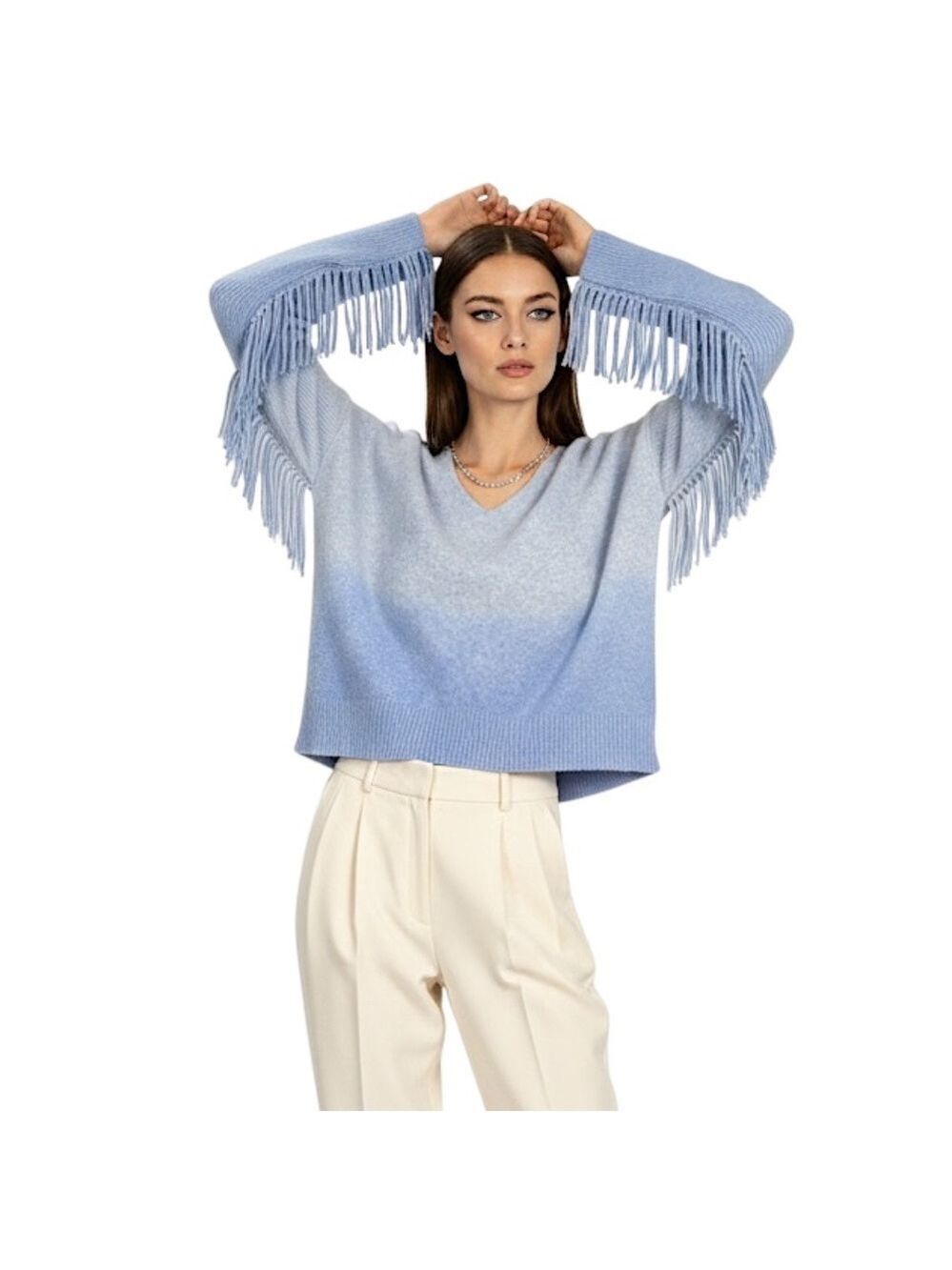 MPC Ma Petite Capsule France mink wool blend ombre blue fringe sleeve sweater 38